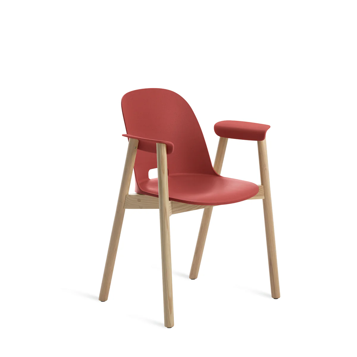 Alfi armchair in red recycled polypropylene and wood fiber seat with natural ash wood legs by Emeco, designed by Jasper Morrison, suitable for both residential and commercial spaces.