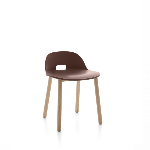 “Minimalist Alfi Chair low back by Emeco, designed by Jasper Morrison with a molded recycled seat and wood base.”