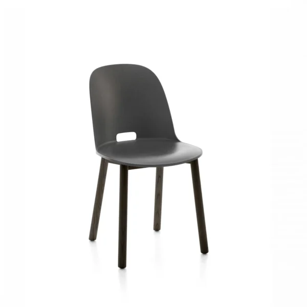 Alfi chair in dark grey with a recycled polypropylene seat and dark-stained ash wood legs by Emeco, designed by Jasper Morrison, suitable for indoor and outdoor use.