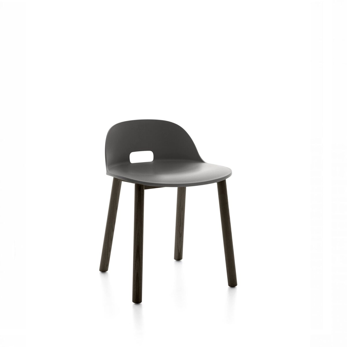 “Minimalist Alfi Chair by Jasper Morrison for Emeco, offering ergonomic support with a low back and slim profile.”
