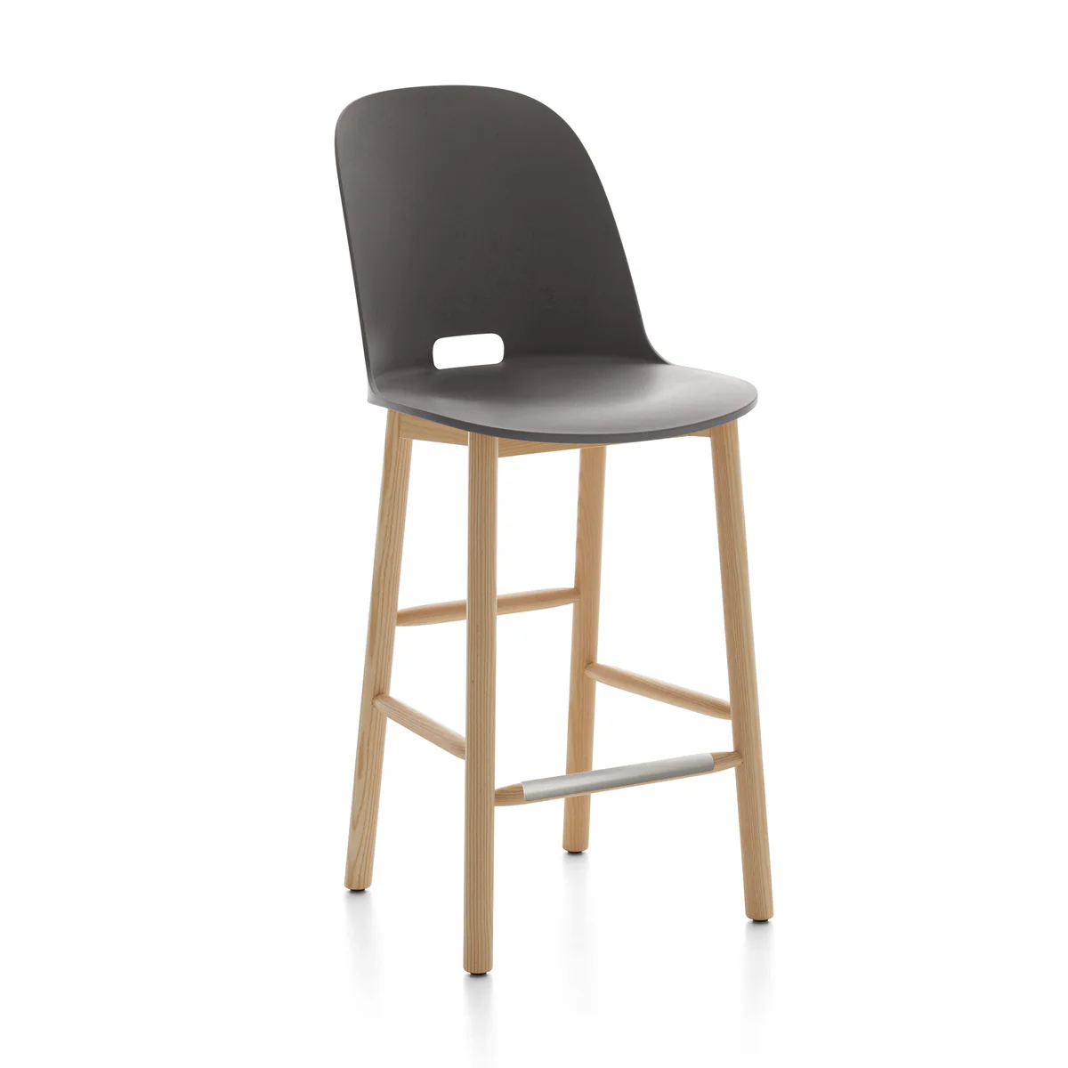 Sustainable high-back stool with a speckled reclaimed polypropylene seat and solid ash wood legs, available in various colors and heights.