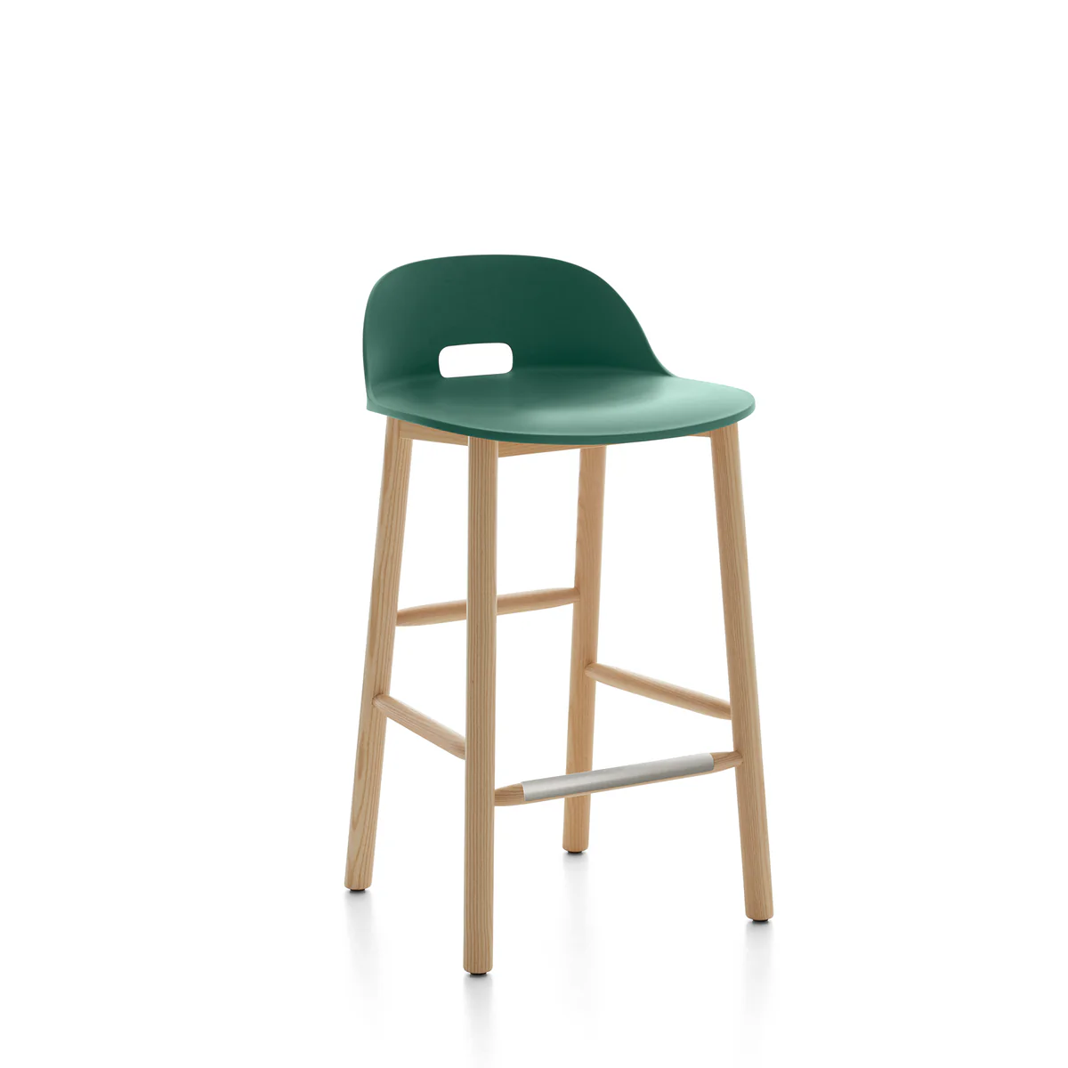 The Alfi Stool, Low Back in Green by Emeco, designed by Jasper Morrison, features a seat crafted from 100% reclaimed polypropylene and wood fiber,