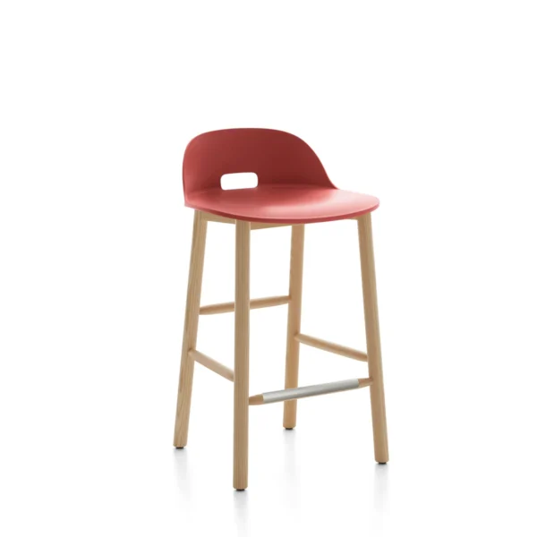 Alfi stool, low back red by Emeco, designed by Jasper Morrison, features a seat made from 100% reclaimed polypropylene and wood fiber, supported by sustainably sourced ash wood legs, suitable for both residential and commercial spaces.