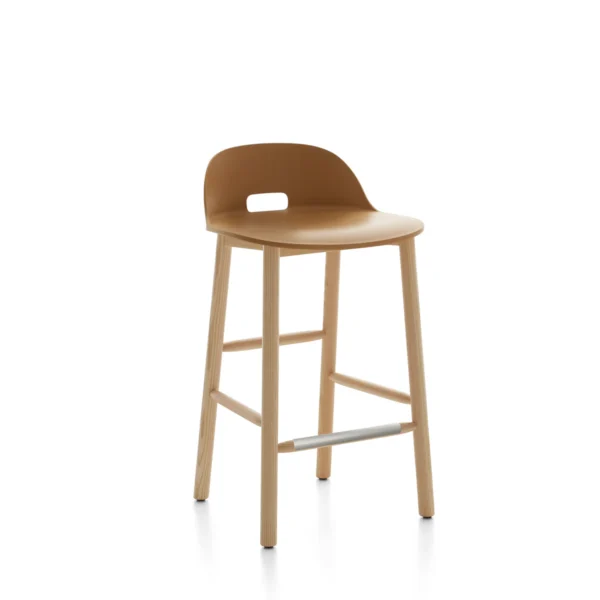 Sustainable stool featuring a 100% reclaimed polypropylene and wood fiber seat with a speckled texture, supported by solid ash wood legs, available in various colors and heights.