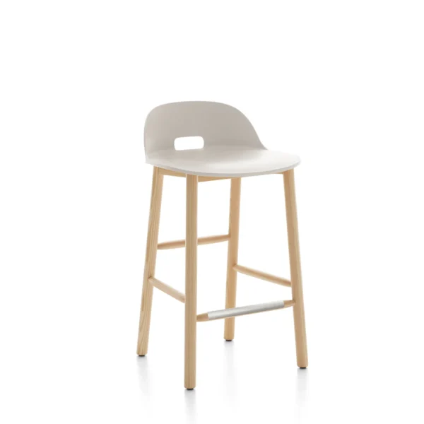 Alfi stool, low back by Emeco, designed by Jasper Morrison, features a 100% reclaimed polypropylene and wood fiber seat with a solid ash wood base, offering a minimalist design suitable for various settings.
