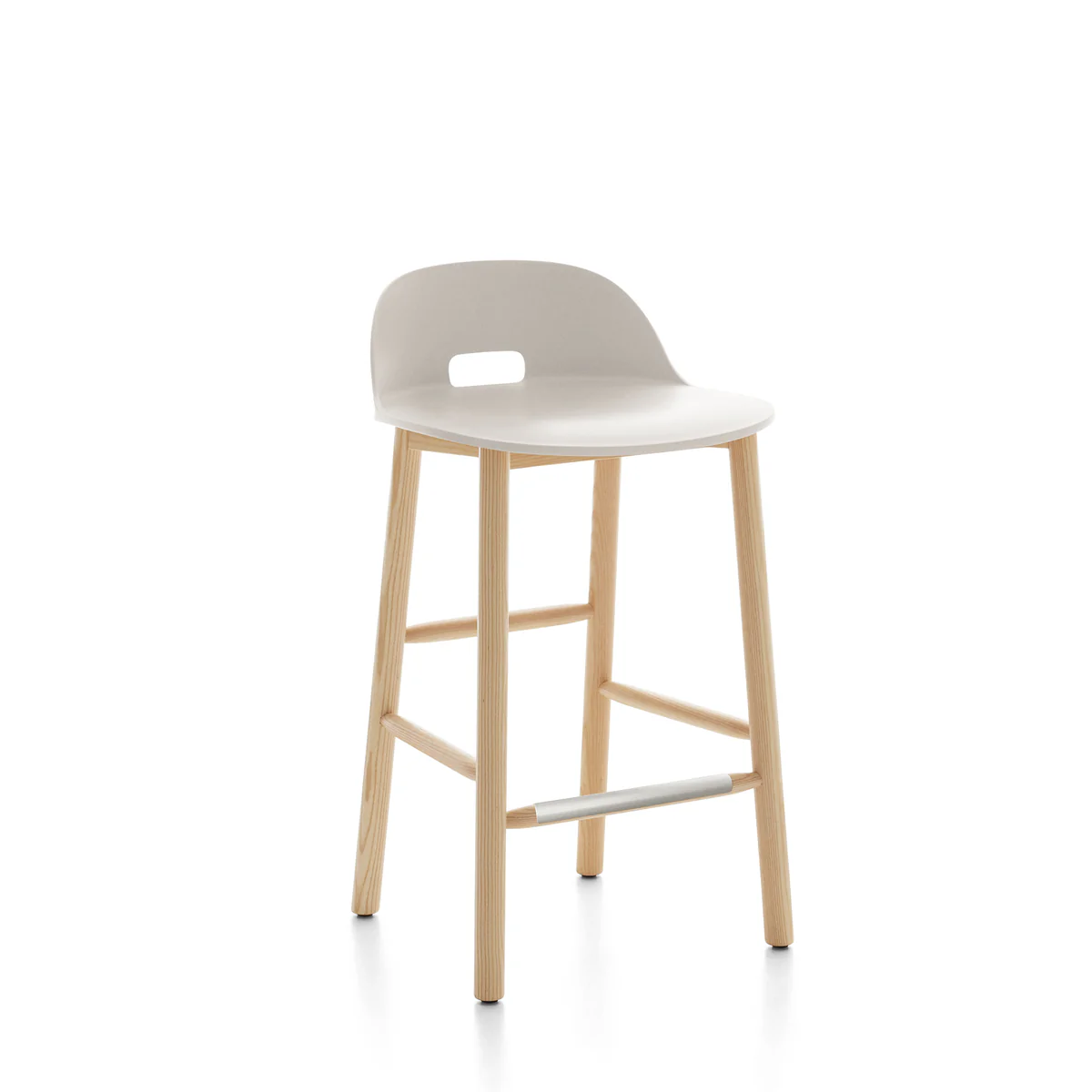 Alfi stool, low back by Emeco, designed by Jasper Morrison, features a 100% reclaimed polypropylene and wood fiber seat with a solid ash wood base, offering a minimalist design suitable for various settings.