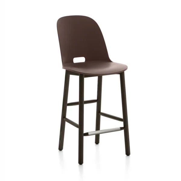 Alfi stool, high back by Emeco, designed by Jasper Morrison, features a seat made from 100% reclaimed polypropylene and wood fiber, offering a speckled texture, supported by sustainably sourced ash wood legs, suitable for both residential and commercial spaces.