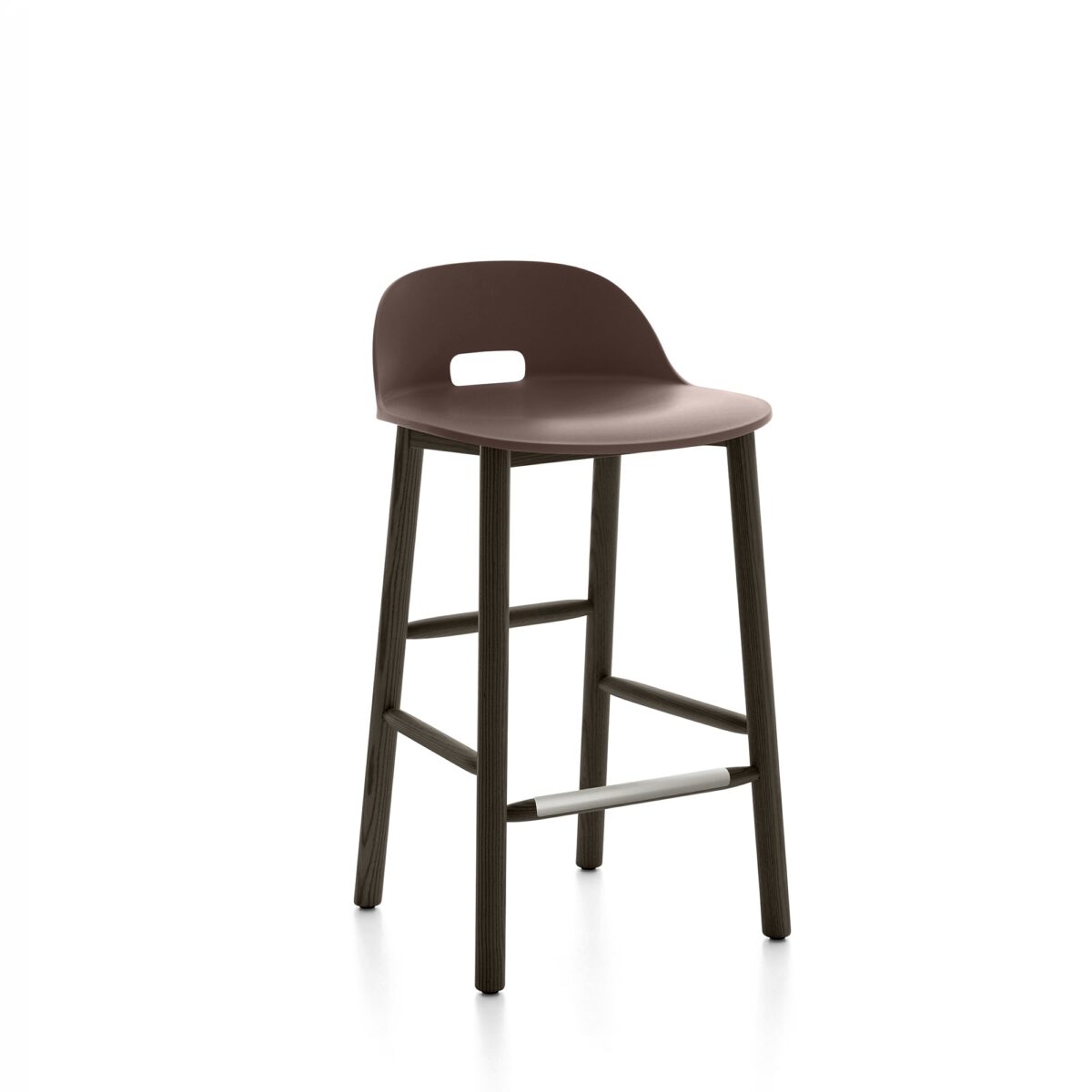 “Recycled material Alfi Stool by Emeco with gently curved low back support.”