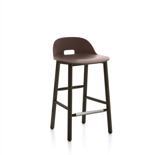 “Recycled material Alfi Stool by Emeco with gently curved low back support.”