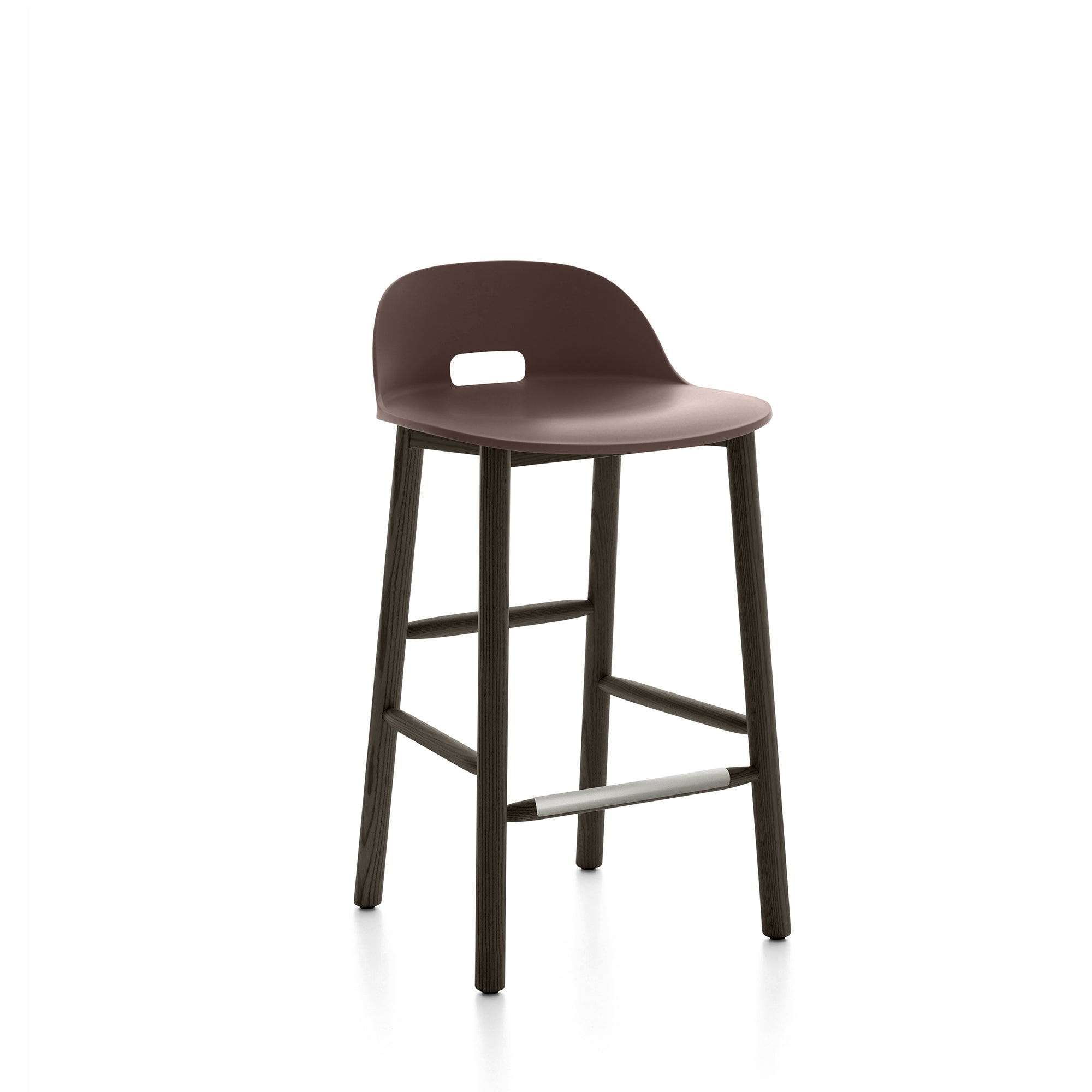 “Recycled material Alfi Stool by Emeco with gently curved low back support.”