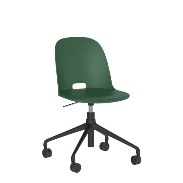 “Alfi swivel office chair by Emeco with low back, caster wheels, and minimalist design by Jasper Morrison.”