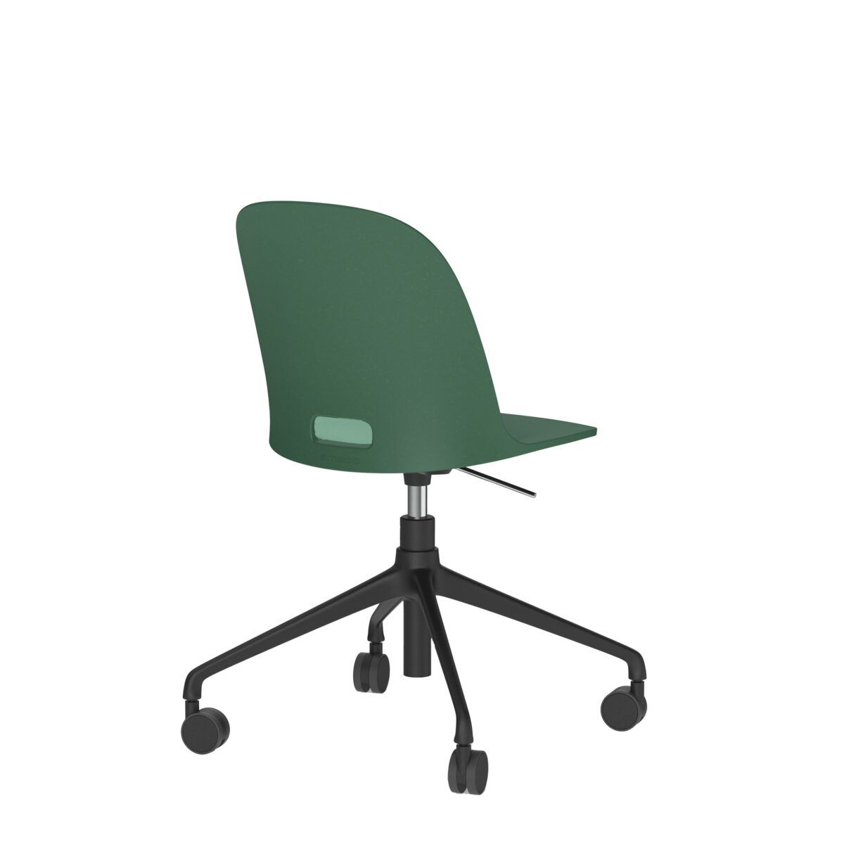 “Jasper Morrison’s Alfi Work Chair with a molded recycled seat and black caster base for modern office use.”