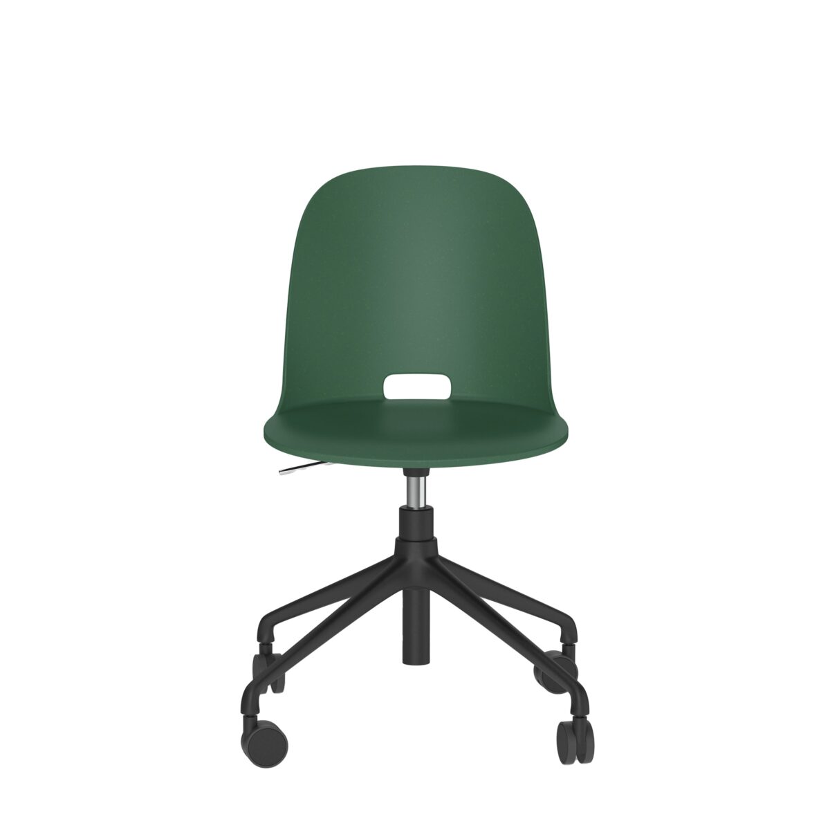 “Ergonomic Alfi Work Chair by Emeco with low backrest, smooth swivel function, and rolling casters for mobility.”