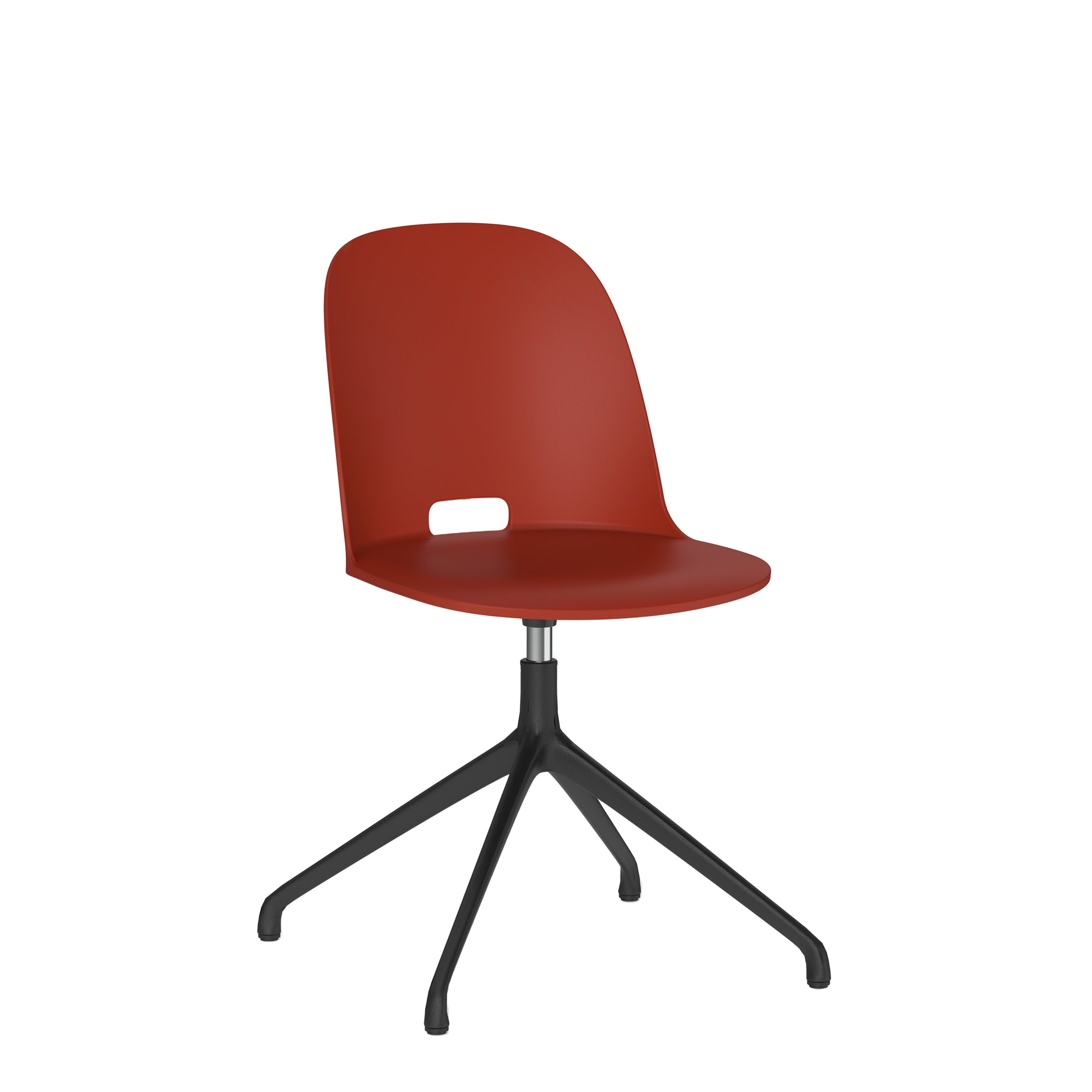 “Sustainable work chair by Emeco with swivel function, glides, and a molded recycled plastic seat.”