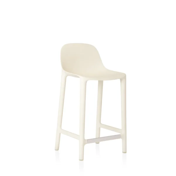 Broom Stool in white by Emeco, designed by Philippe Starck, features a minimalist design crafted from 75% reclaimed polypropylene and 15% reclaimed wood fiber, suitable for both indoor and outdoor use.