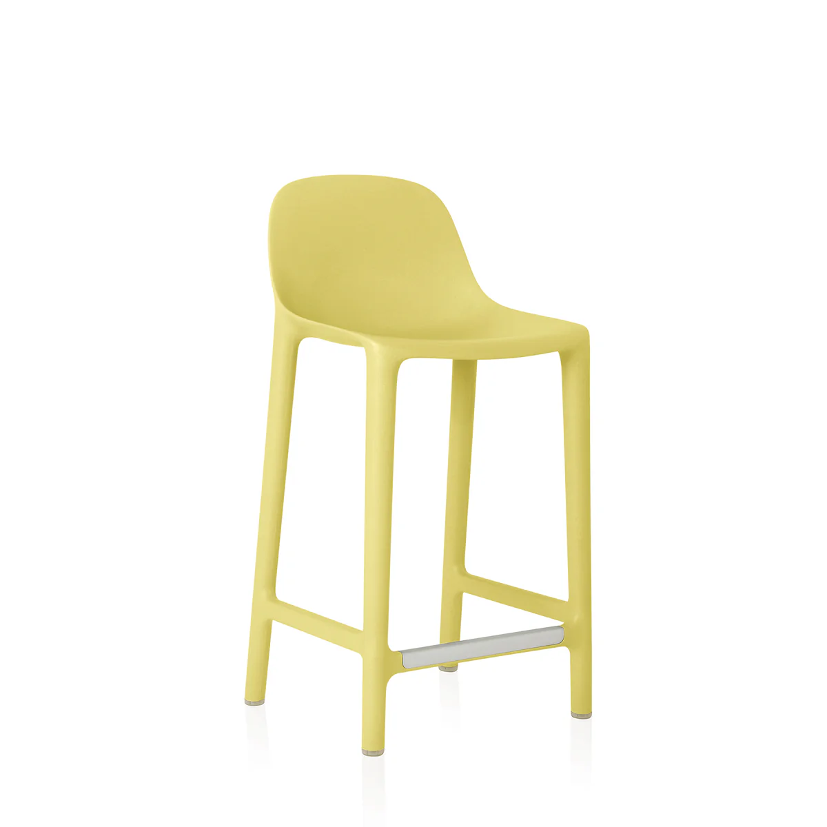 Broom Stool in Butter Yellow by Emeco, designed by Philippe Starck, features a minimalist design crafted from 75% reclaimed polypropylene and 15% reclaimed wood fiber,