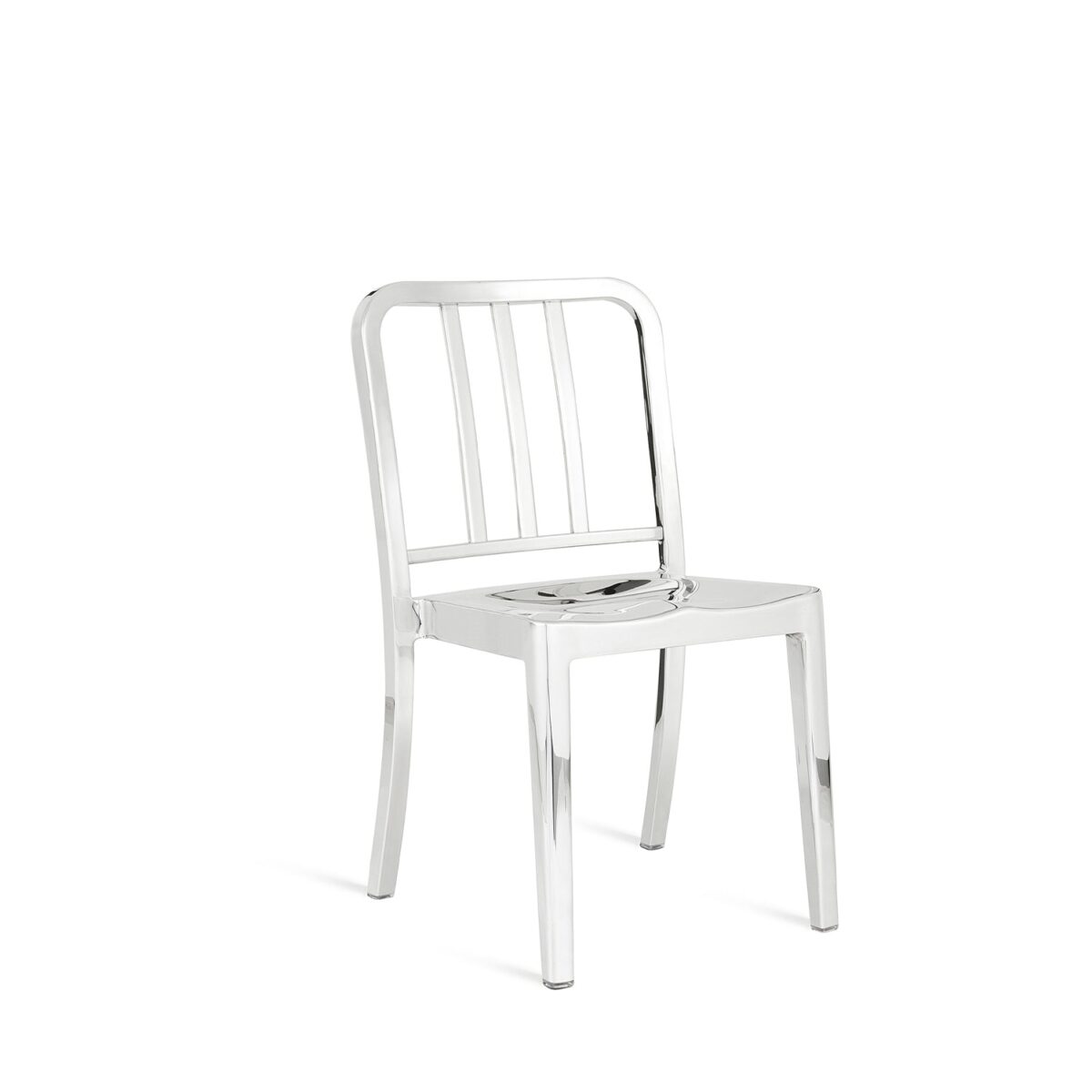 “Modern industrial-style stacking chair by Emeco, part of the Heritage series by Philippe Starck.”