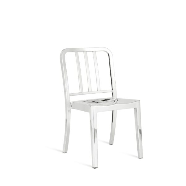 “Modern industrial-style stacking chair by Emeco, part of the Heritage series by Philippe Starck.”