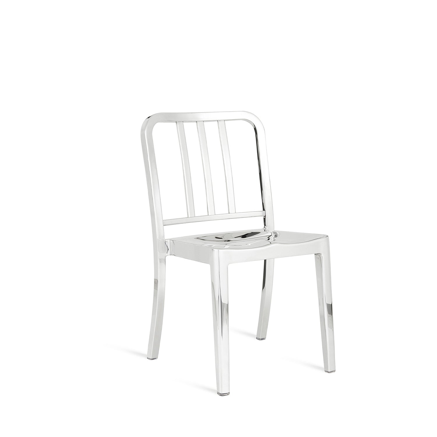 “Modern industrial-style stacking chair by Emeco, part of the Heritage series by Philippe Starck.”