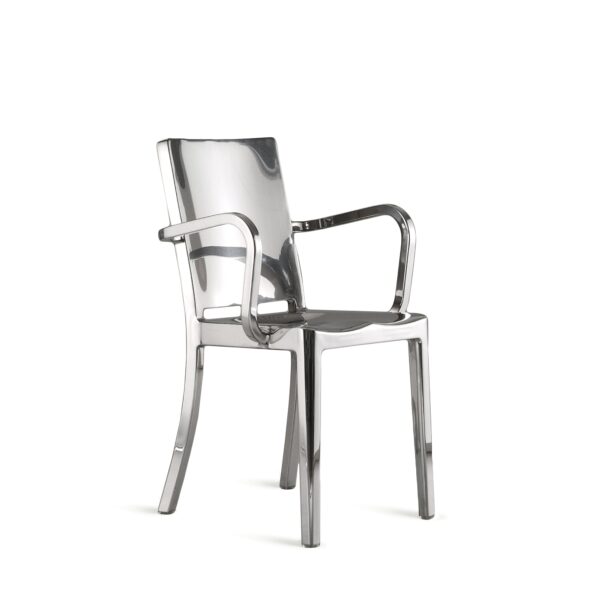 “Iconic Emeco Hudson Armchair with curved arms and ergonomic design by Philippe Starck.”