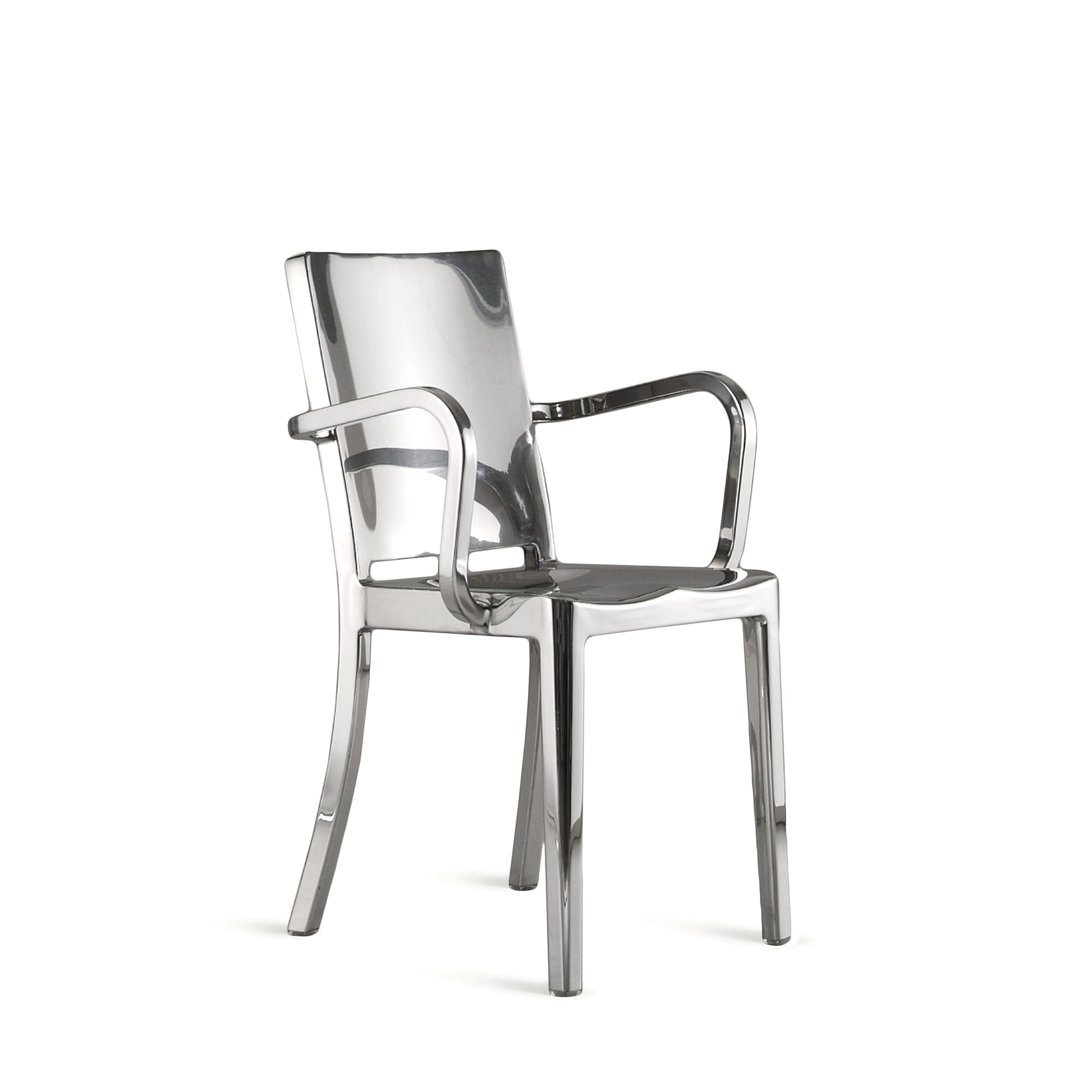 “Iconic Emeco Hudson Armchair with curved arms and ergonomic design by Philippe Starck.”
