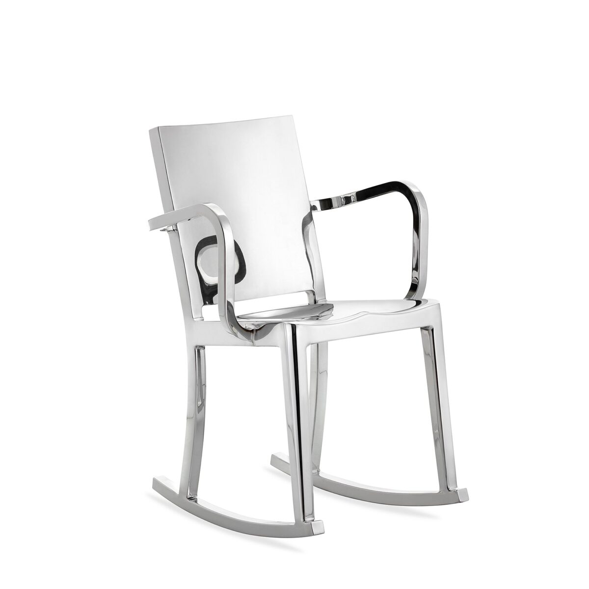 Sleek rocking chair with arms, designed by Philippe Starck for Emeco.