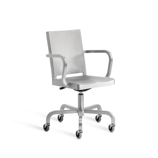 Hudson swivel chair with arms by Emeco, designed by Philippe Starck, features a polished aluminum frame with a contoured backrest and seat, suitable for both residential and commercial spaces.