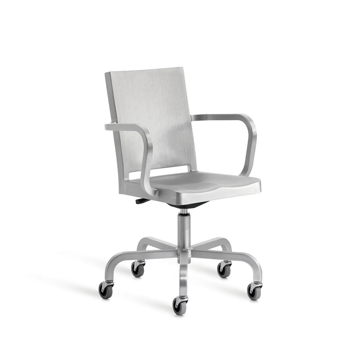 Hudson swivel chair with arms by Emeco, designed by Philippe Starck, features a polished aluminum frame with a contoured backrest and seat, suitable for both residential and commercial spaces.