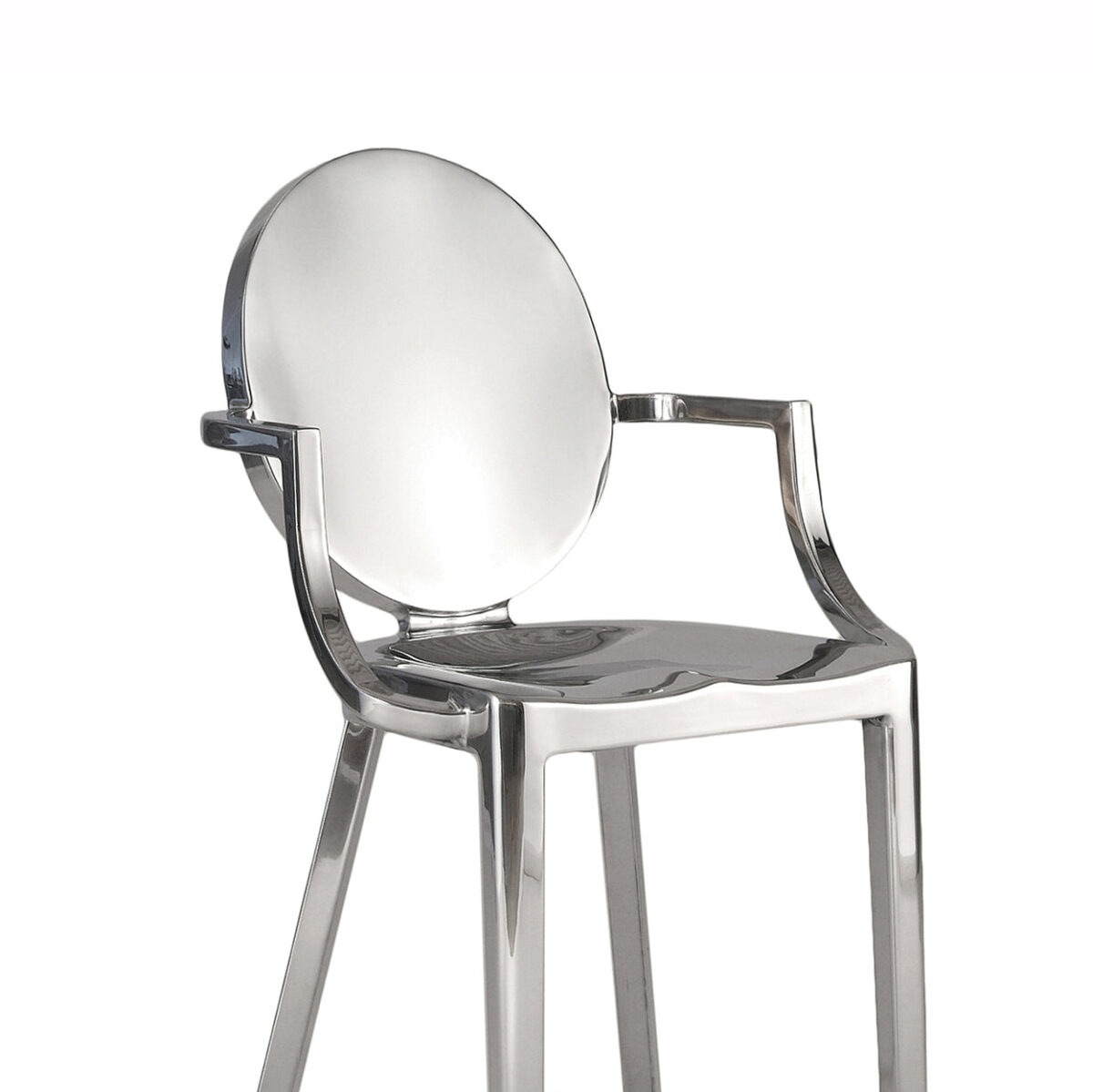 Kong bar stool with arms in sleek, hand-polished aluminum, designed by Philippe Starck for Emeco.