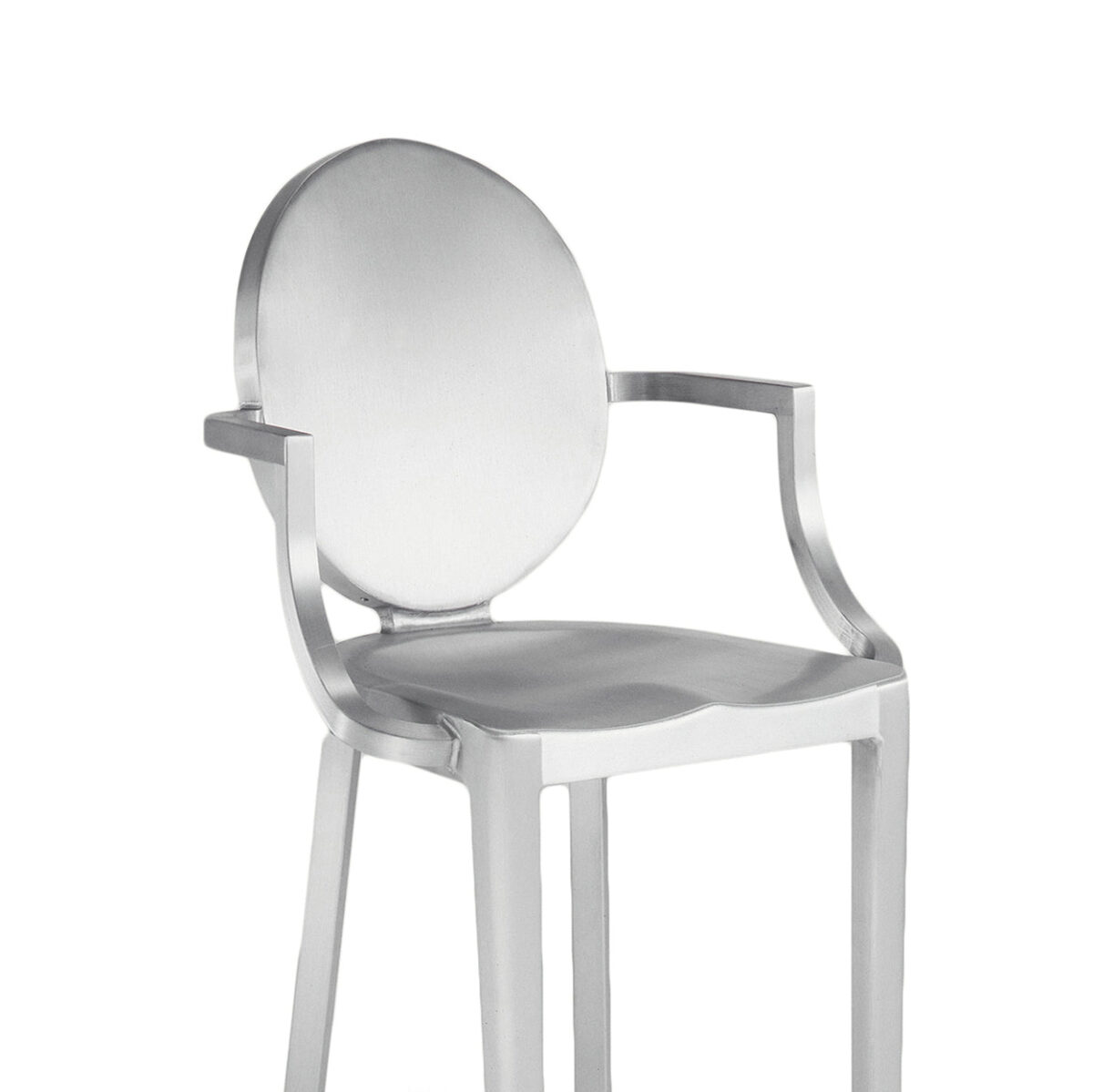 Close-up of Kong stool with arms, showcasing its brushed aluminum finish and ergonomic backrest.