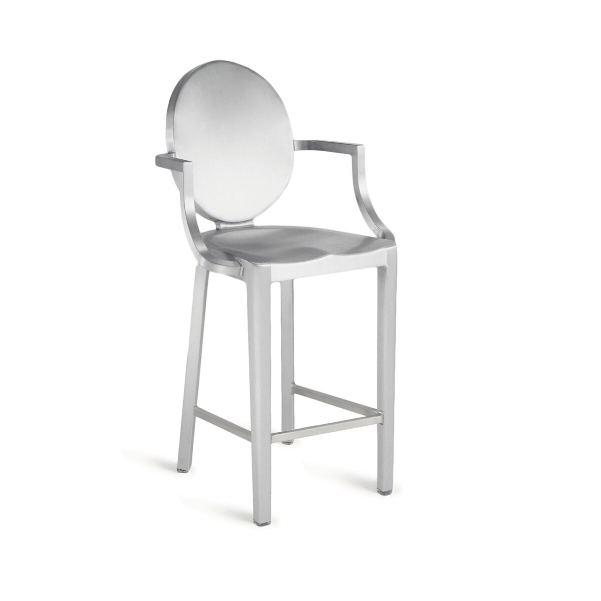 Polished aluminum Kong stool with arms by Philippe Starck for Emeco, featuring a minimalist design.
