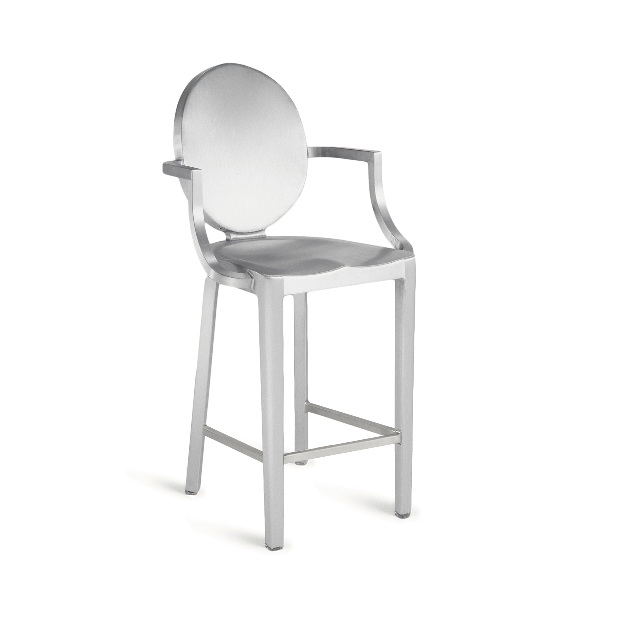 Polished aluminum Kong stool with arms by Philippe Starck for Emeco, featuring a minimalist design.