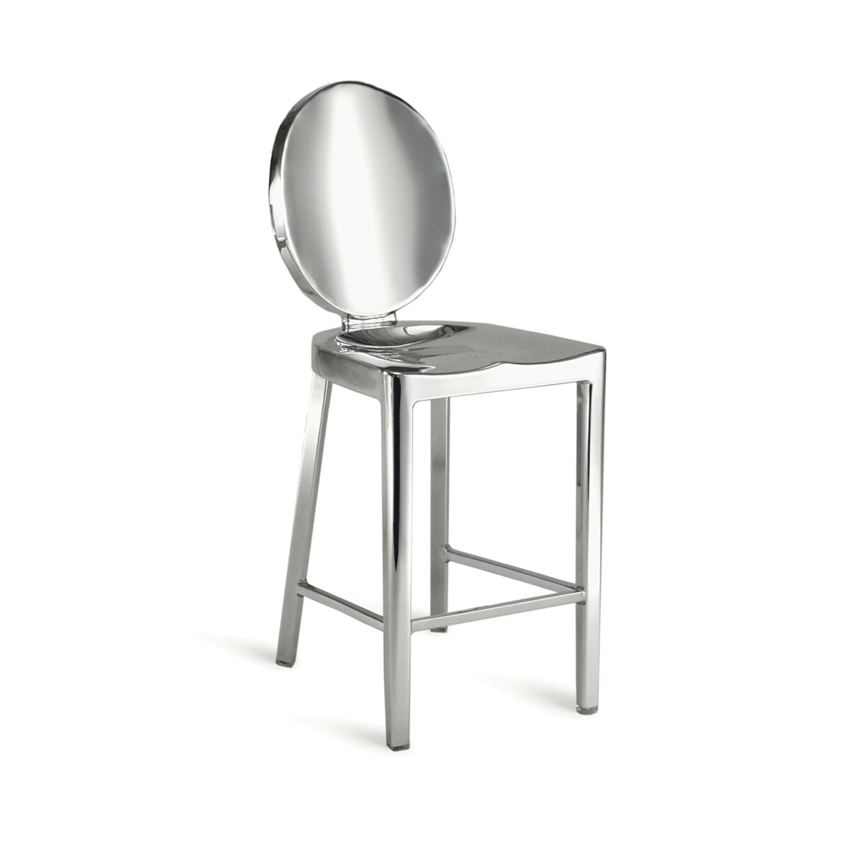Side View of Kong Stool by Philippe Starck – Reflective polished aluminum with clean, straight legs and circular backrest for a minimalist aesthetic.