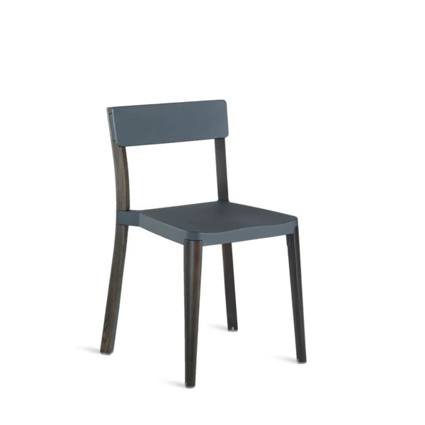 Emeco Lancaster chair with polished aluminum seat and dark ash wood legs, combining modern design with sustainable materials for stylish, durable seating.