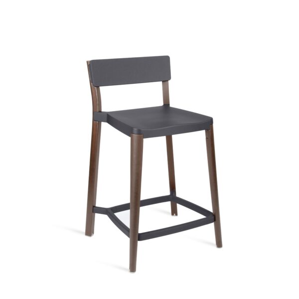 Lancaster Stool by Michael Young for Emeco – Polished aluminum seat with dark ash wood legs, modern and durable design.