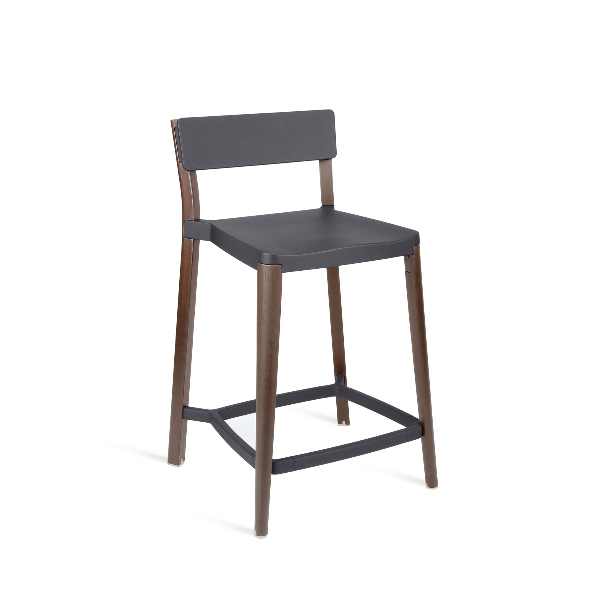 Lancaster Stool by Michael Young for Emeco – Polished aluminum seat with dark ash wood legs, modern and durable design.