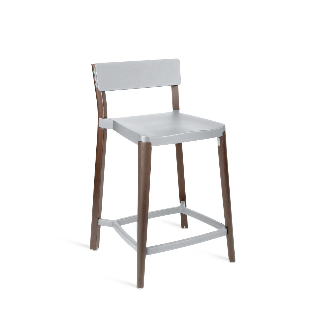 Lancaster stool by Emeco, designed by Michael Young, features a reclaimed solid ash wood frame and a recycled die-cast aluminum seat, combining natural materials with industrial design.