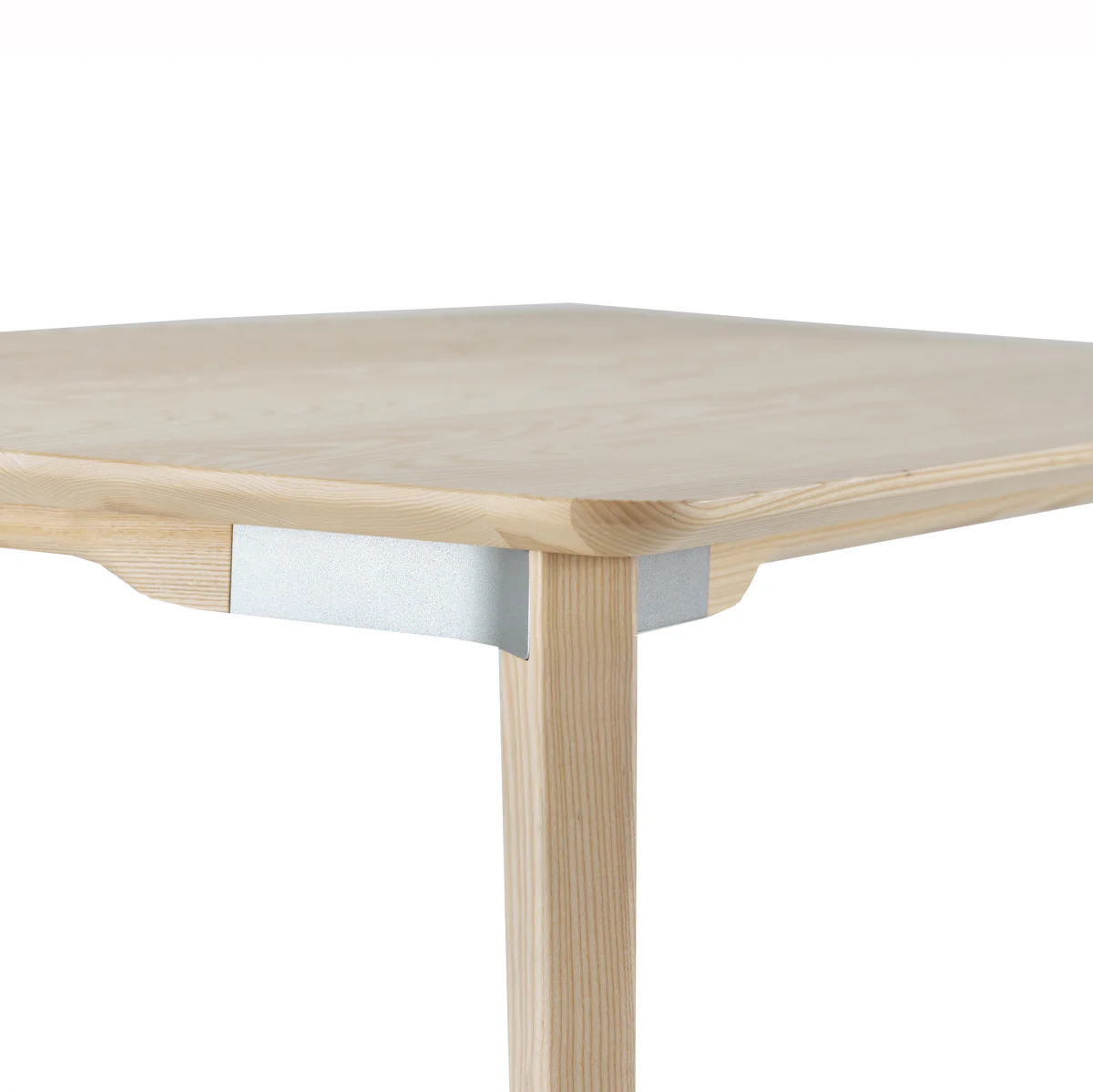 Lancaster dining table with light gray aluminum connectors and natural ash wood top by Emeco, designed by Michael Young, suitable for residential and commercial use.