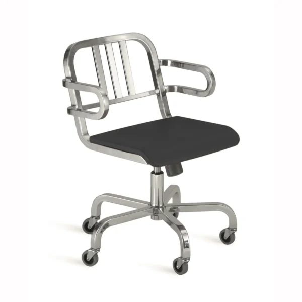 Modern swivel armchair with brushed aluminum frame and soft polyurethane seat, reflecting Sottsass' iconic design.