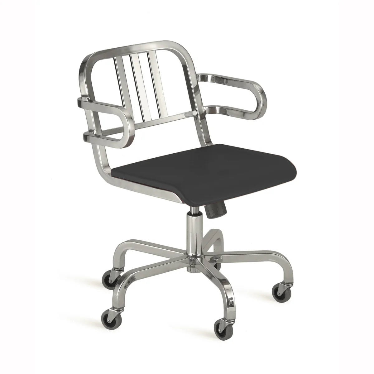 Modern swivel armchair with brushed aluminum frame and soft polyurethane seat, reflecting Sottsass' iconic design.