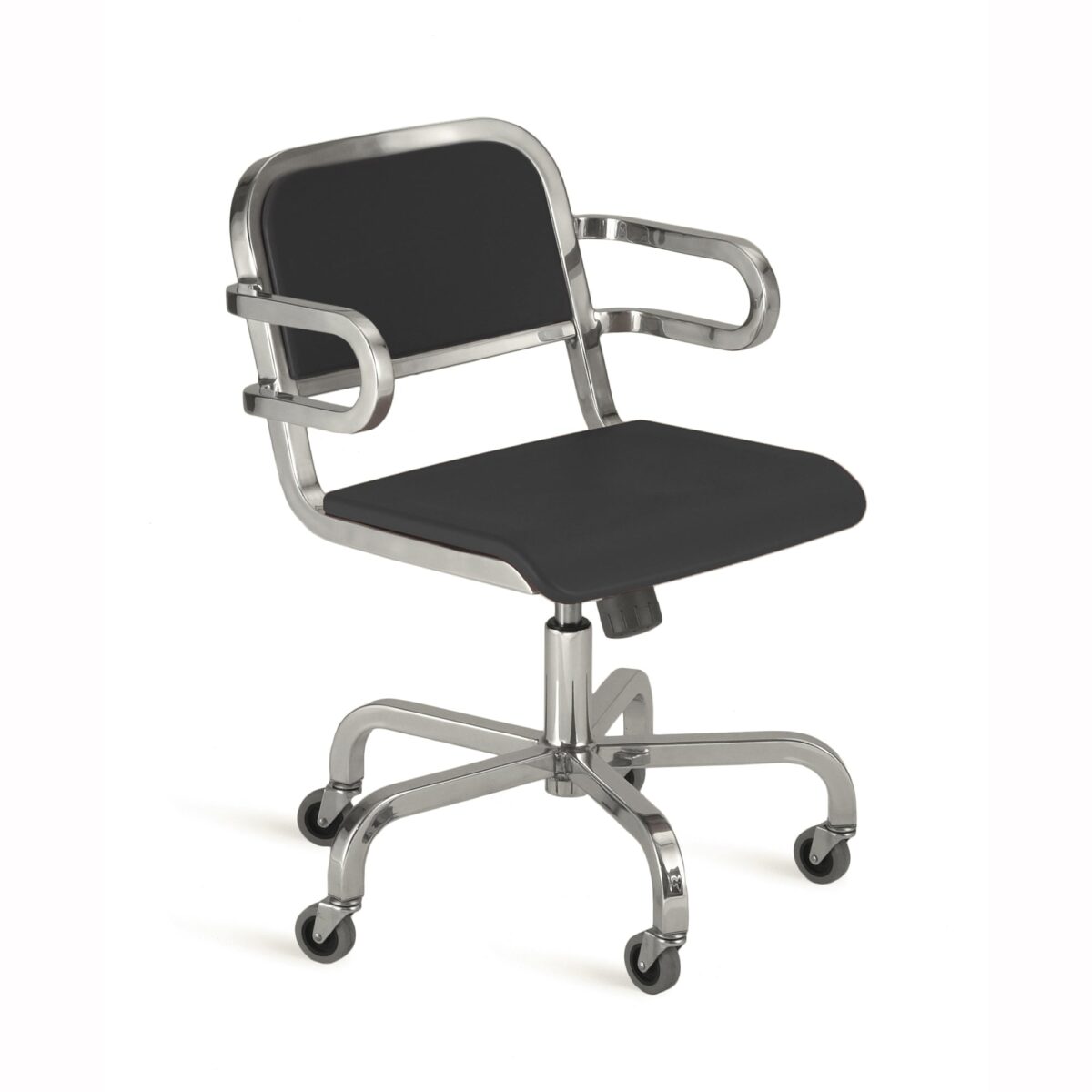 “Emeco Nine-0 Armchair with swivel function and curved arms, designed for comfort and durability.”