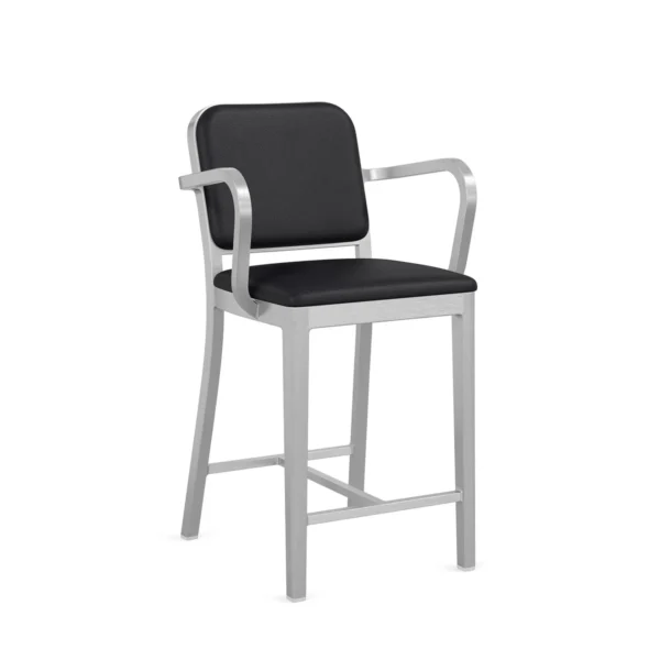 Navy Officer stool with arms by Emeco, designed by Jasper Morrison, features a durable recycled aluminum frame and comfortable armrests, ideal for residential and commercial spaces.