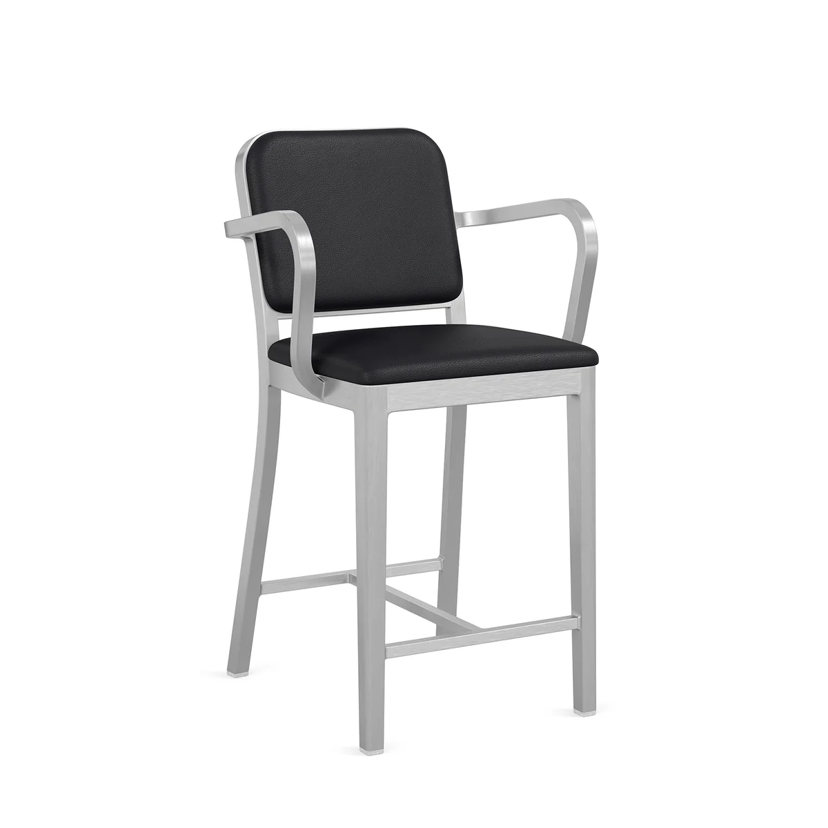 Navy Officer stool with arms by Emeco, designed by Jasper Morrison, features a durable recycled aluminum frame and comfortable armrests, ideal for residential and commercial spaces.