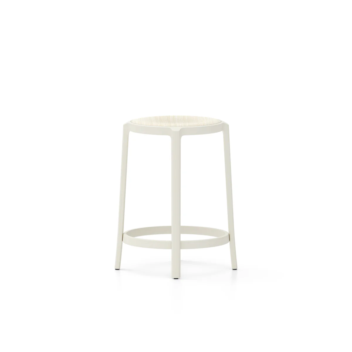 **On & On stool with plywood seat featuring a recycled PET plastic frame, available in multiple colors and finishes, designed for both residential and commercial spaces.**