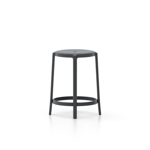 On & On stool with black recycled plastic seat by Emeco, designed by Edward Barber and Jay Osgerby, features a minimalist design suitable for both indoor and outdoor use.
