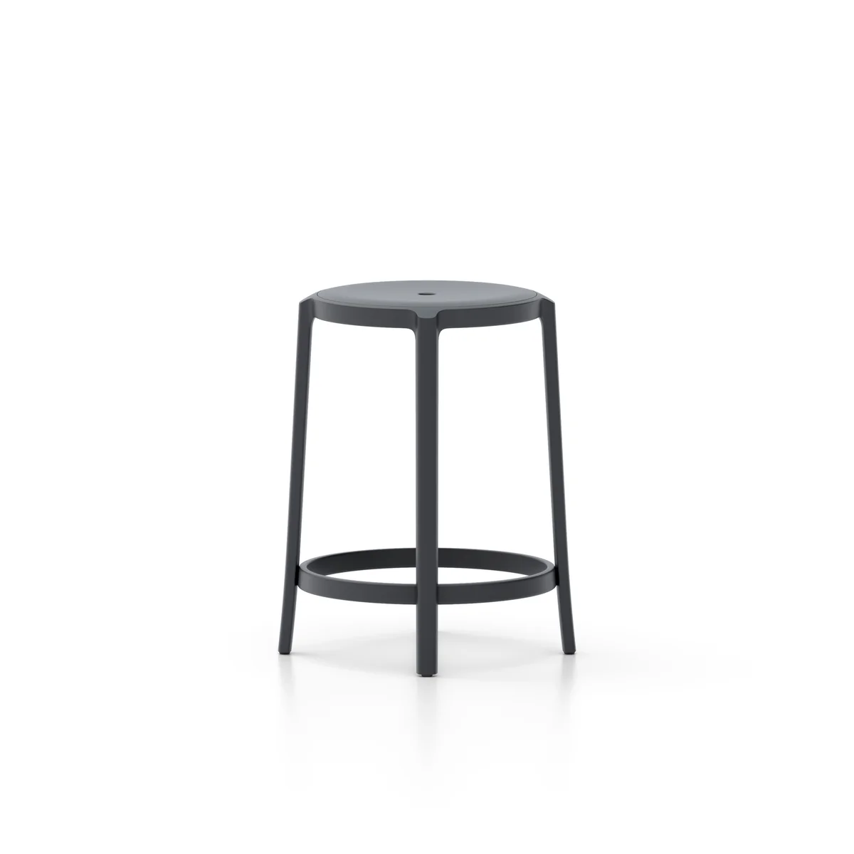 On & On stool with black recycled plastic seat by Emeco, designed by Edward Barber and Jay Osgerby, features a minimalist design suitable for both indoor and outdoor use.