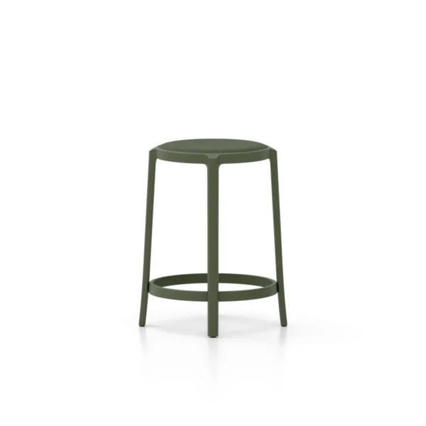 Eco-friendly stool with a circular seat, crafted from recycled PET, and upholstered in Kvadrat fabric or Spinneybeck leather, available in multiple colors and heights.