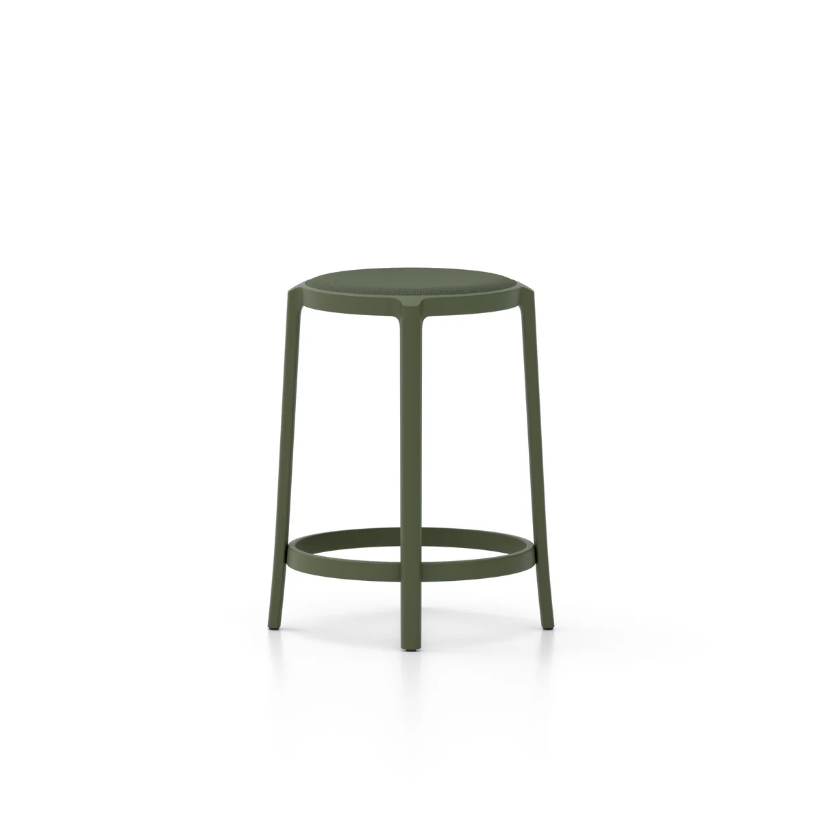 Eco-friendly stool with a circular seat, crafted from recycled PET, and upholstered in Kvadrat fabric or Spinneybeck leather, available in multiple colors and heights.
