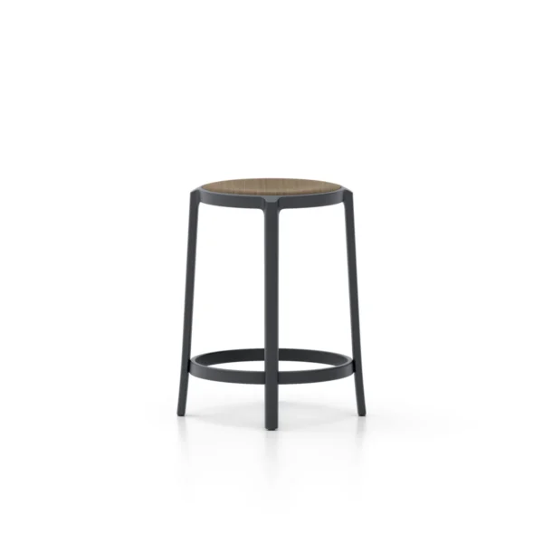 On & On stool with black recycled plastic frame and black plywood seat by Emeco, designed by Edward Barber and Jay Osgerby, suitable for both indoor and outdoor use.