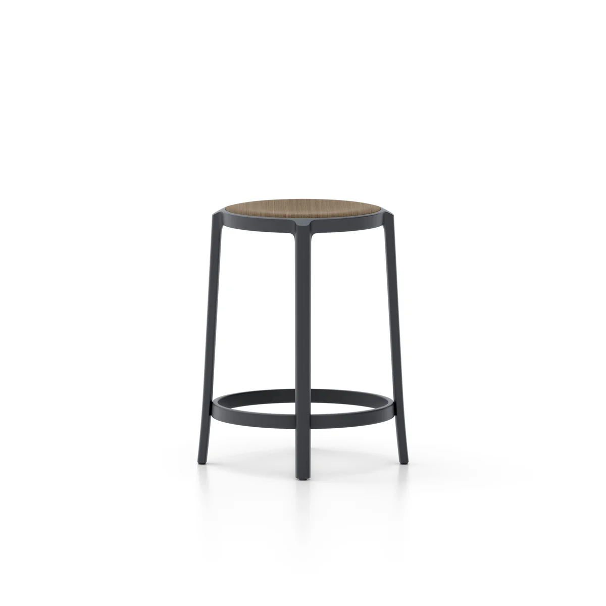 On & On stool with black recycled plastic frame and black plywood seat by Emeco, designed by Edward Barber and Jay Osgerby, suitable for both indoor and outdoor use.
